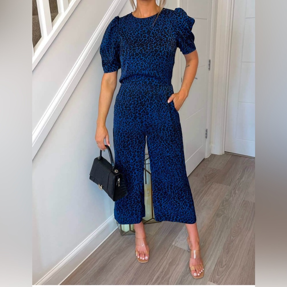 AX PARIS Blue Animal Print Jumpsuit